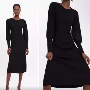 Zara Black Ribbed Knit Puffed Sleeves Midi Dress in Black Size Medium